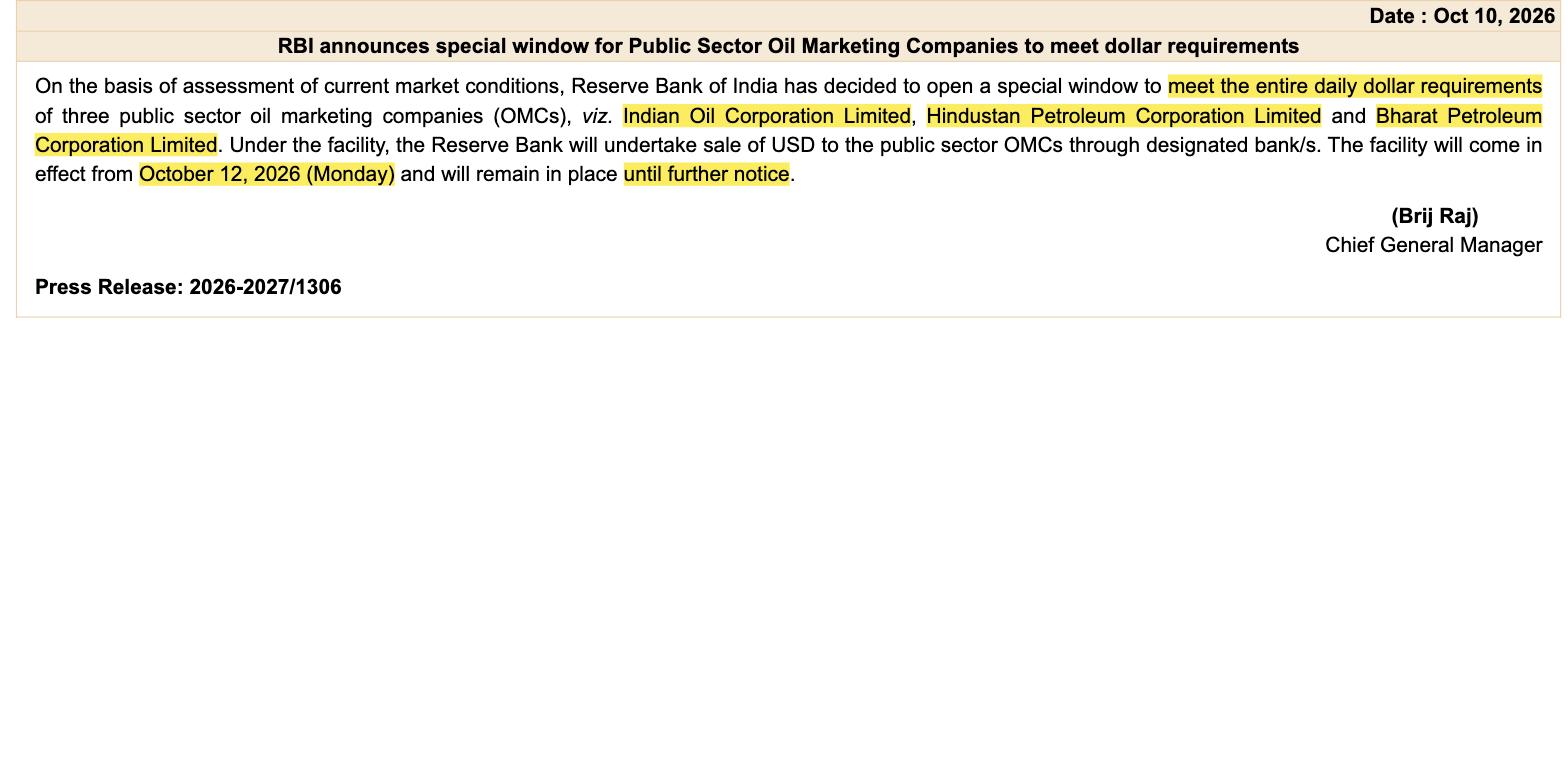 RBI press release of 10 October 2026 announcing a special dollar window for public sector oil marketing companies