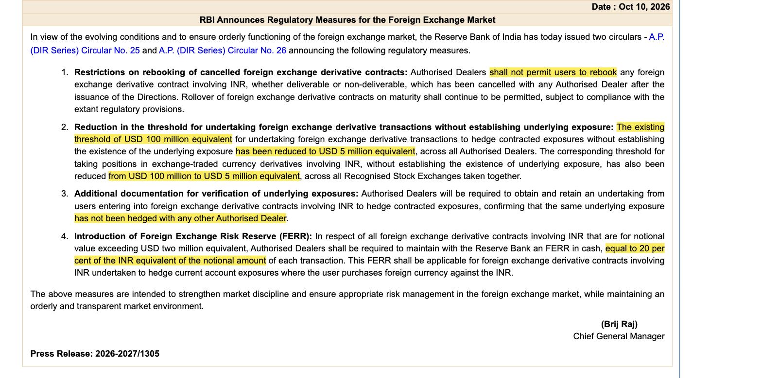 RBI press release of 10 October 2026 listing regulatory measures for the foreign exchange market
