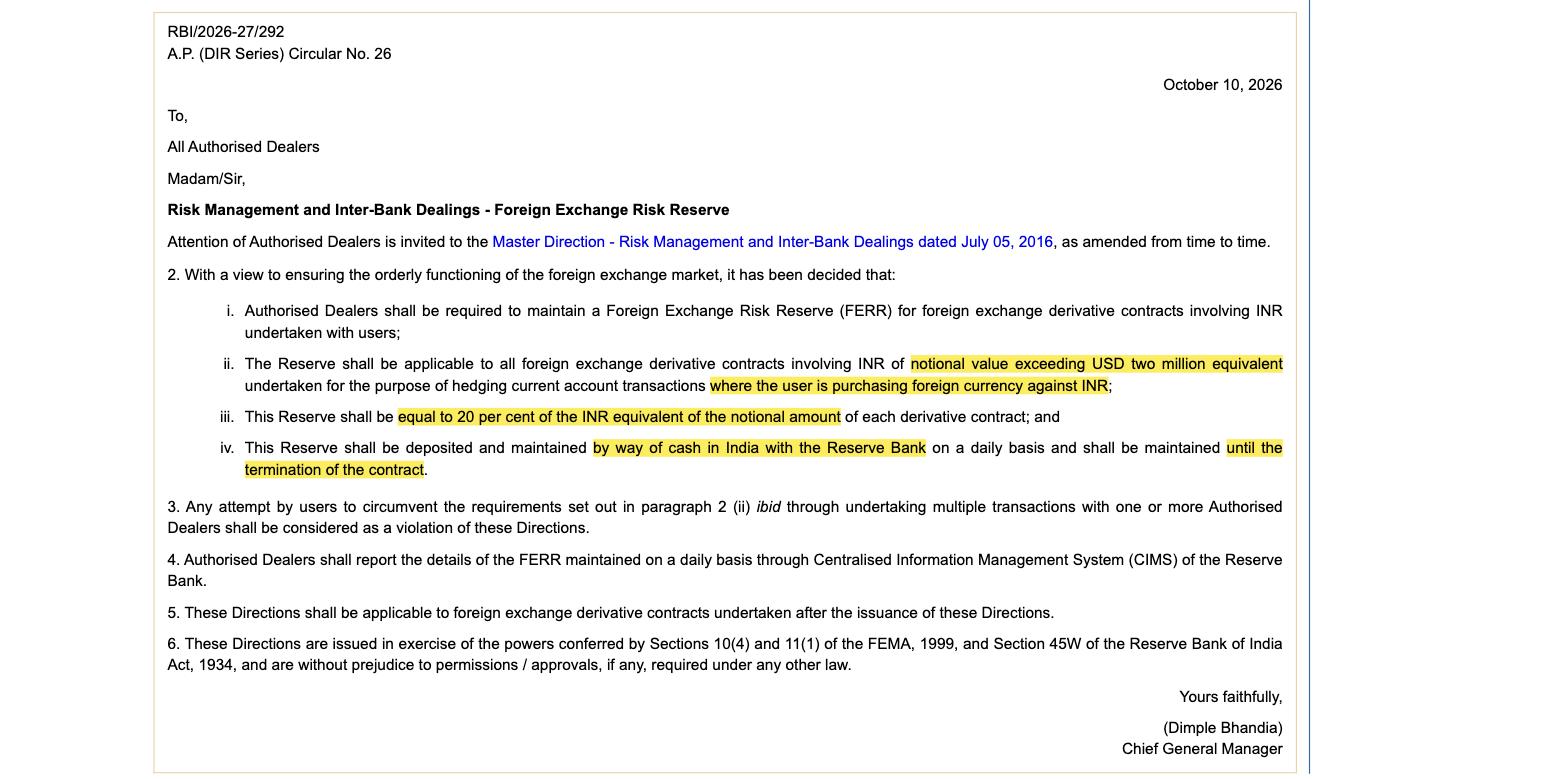 RBI circular on the Foreign Exchange Risk Reserve, 10 October 2026